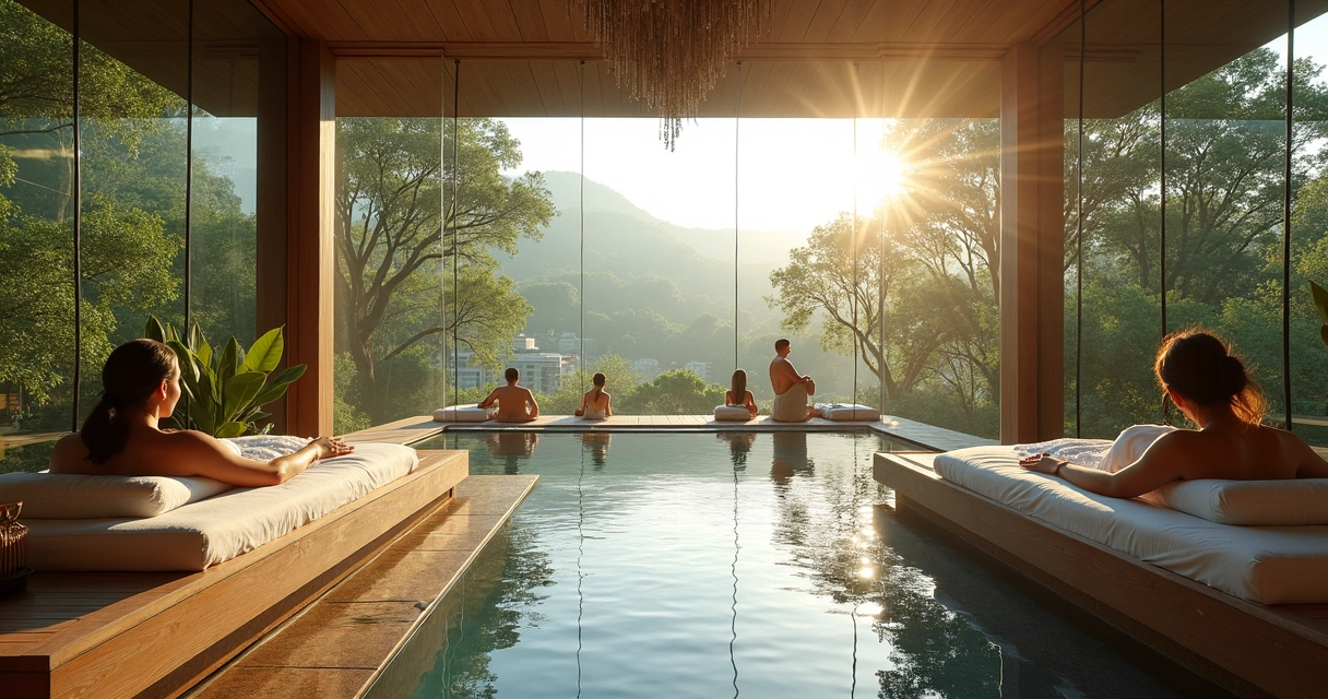 Ambiente de spa luxuoso integrado à natureza com piscina e árvores centenárias 
