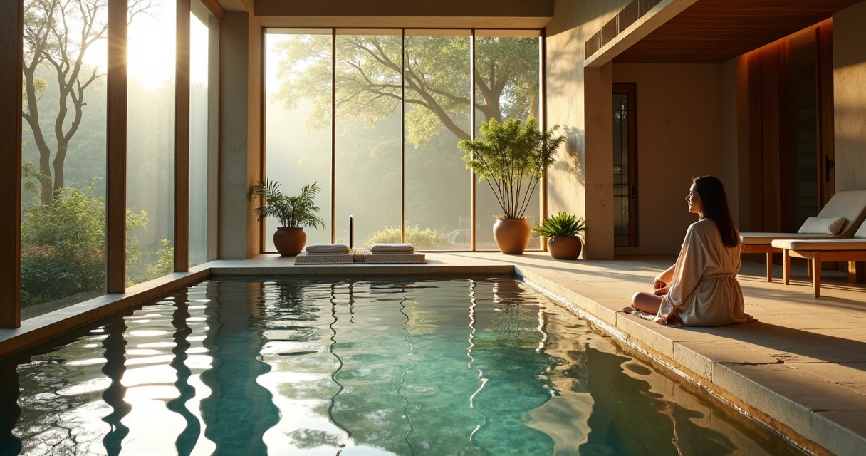 Ambiente de spa luxuoso com arquitetura moderna integrada à natureza com árvores e luz natural 