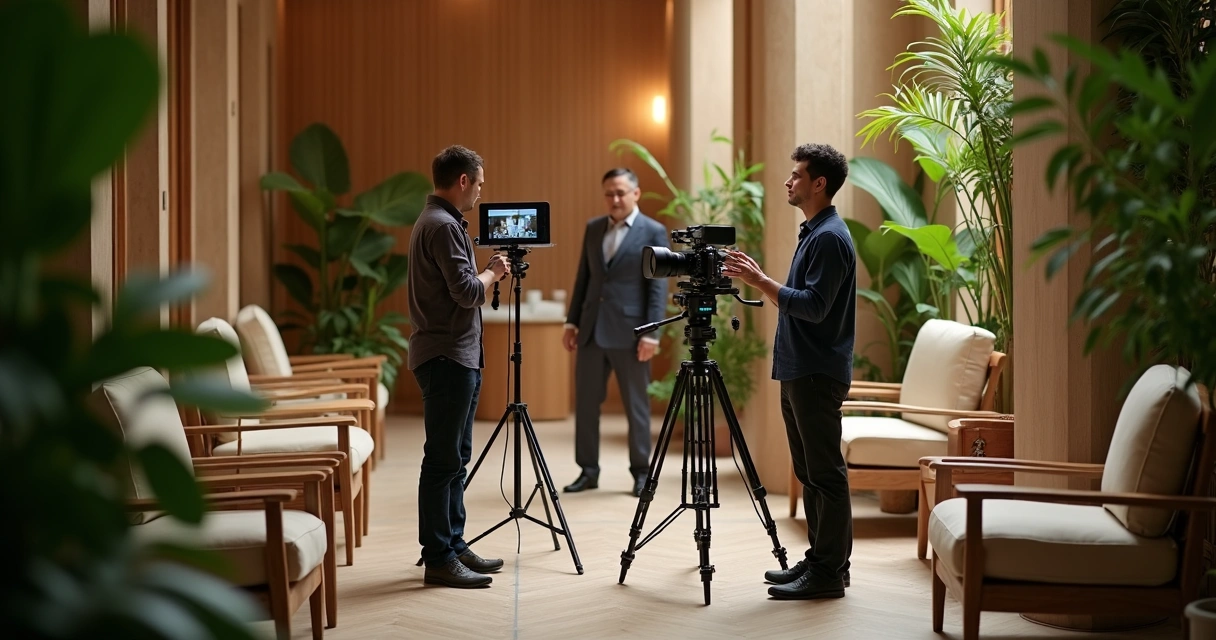Equipe de gravação ajustando equipamentos em ambiente de spa com vegetação