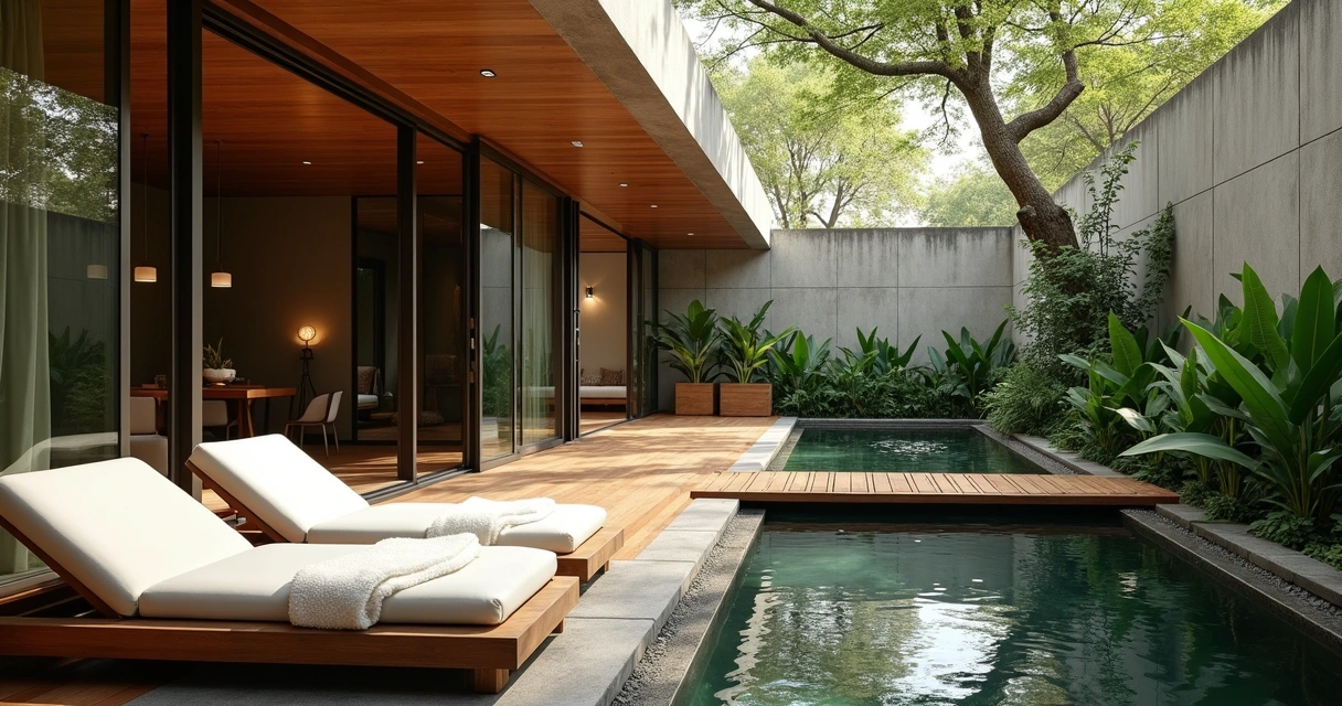 Ambiente de spa com jardim natural e arquitetura contemporânea 