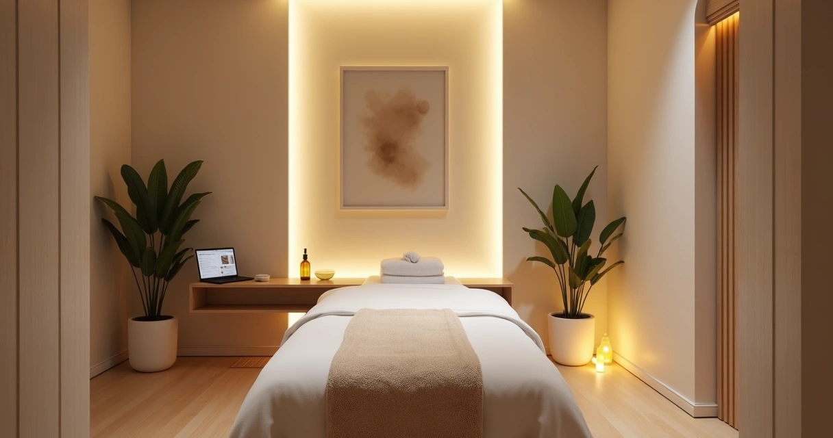 Sala de spa com maca de massagem e ambiente acolhedor e discreto 