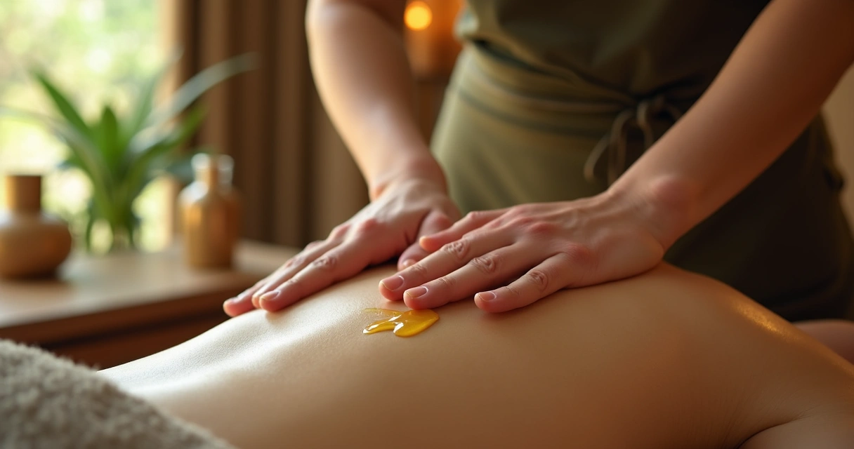 Detalhe aplicação de óleo na massagem ayurvédica em ambiente sofisticado 