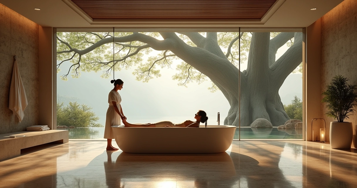 Massagista aplicando massagem em cliente próximo a uma banheira, rodeada por árvores centenárias. 