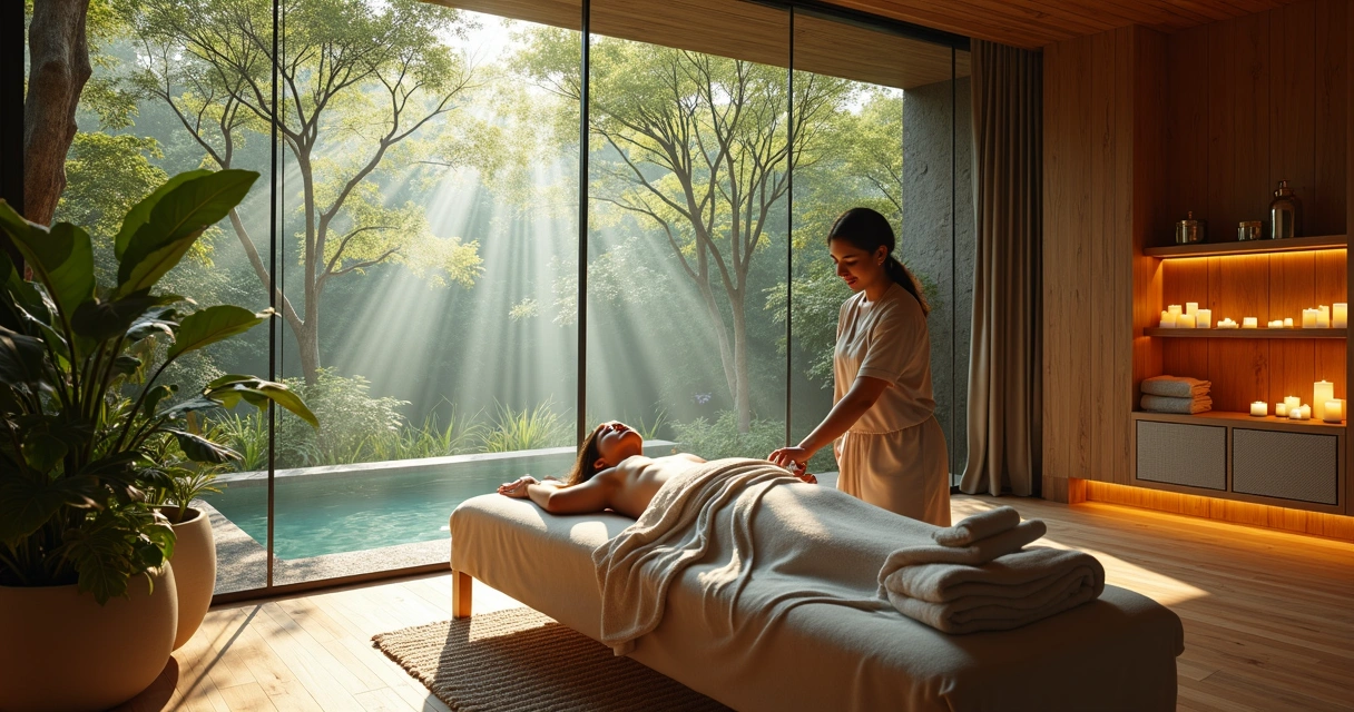 Ambiente de spa com massagem próxima a árvores centenárias 