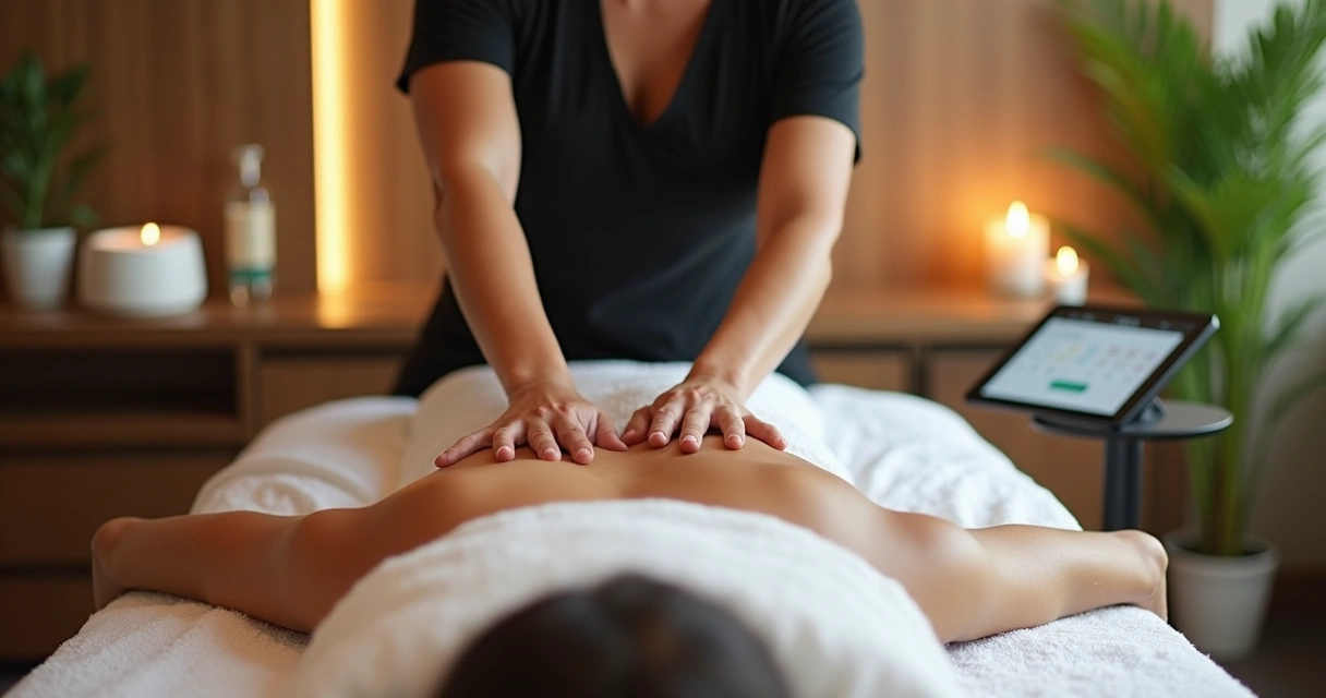 Profissional aplicando massagem em ambiente de spa moderno com iluminação suave e decoração elegante 