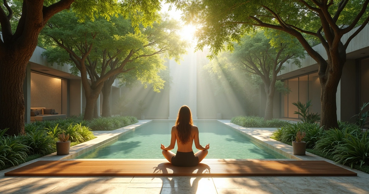 Pessoa meditando em spa ao ar livre cercado por árvores e luz suave 