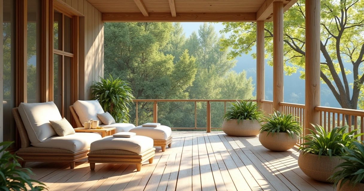Varanda de spa em meio à natureza com árvores e poltronas confortáveis 