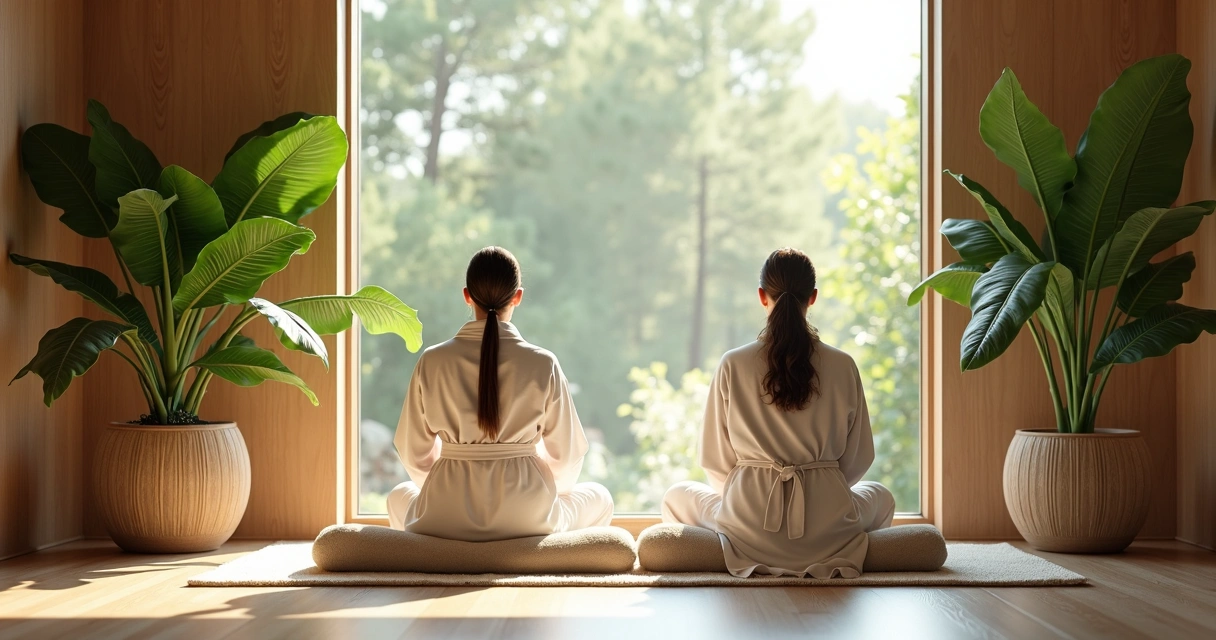 Pessoas relaxando em ambiente de spa com natureza 