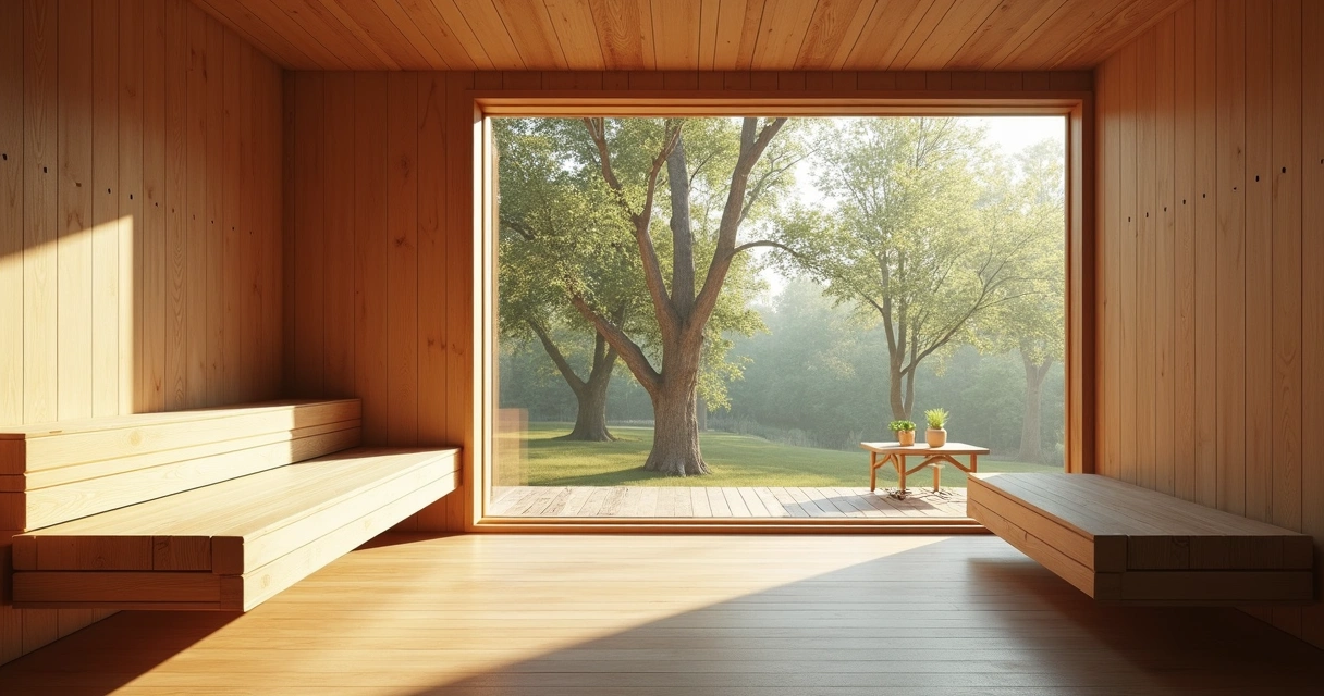 Vista panorâmica de uma sauna moderna com janela para jardim interno 