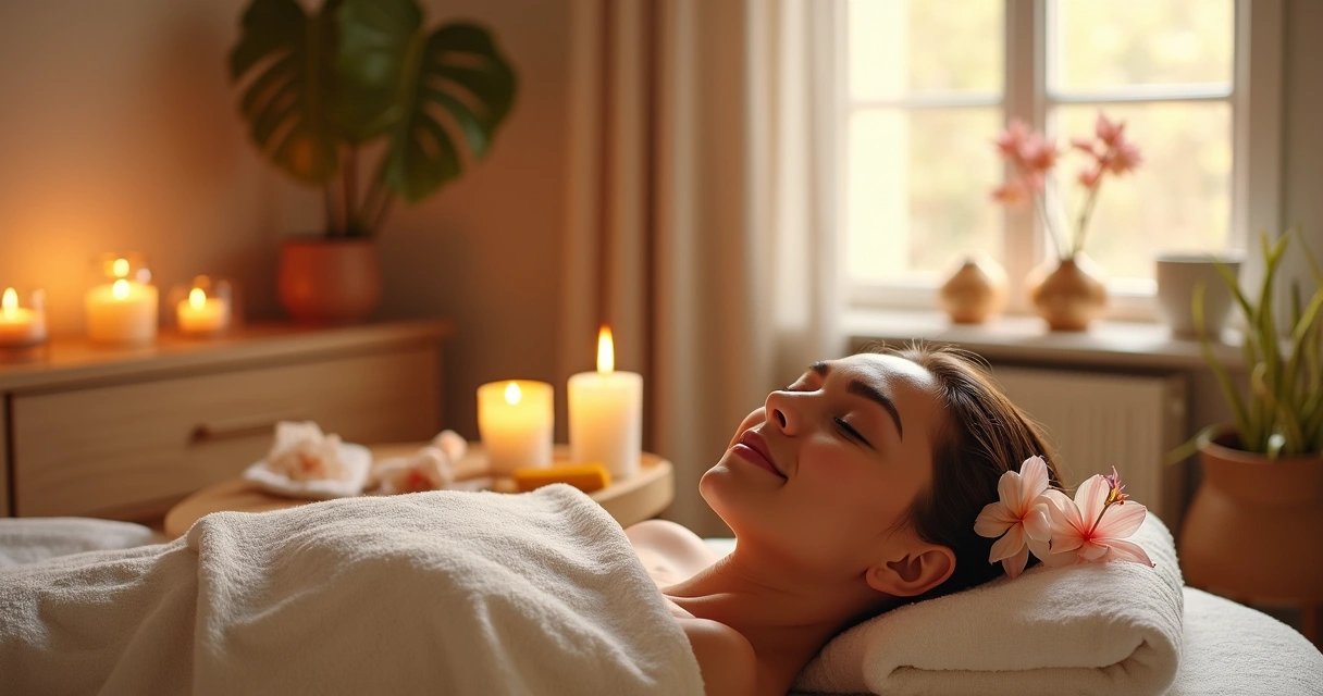 Tratamento facial relaxante com flores, velas e copos em ambiente tranquilo 