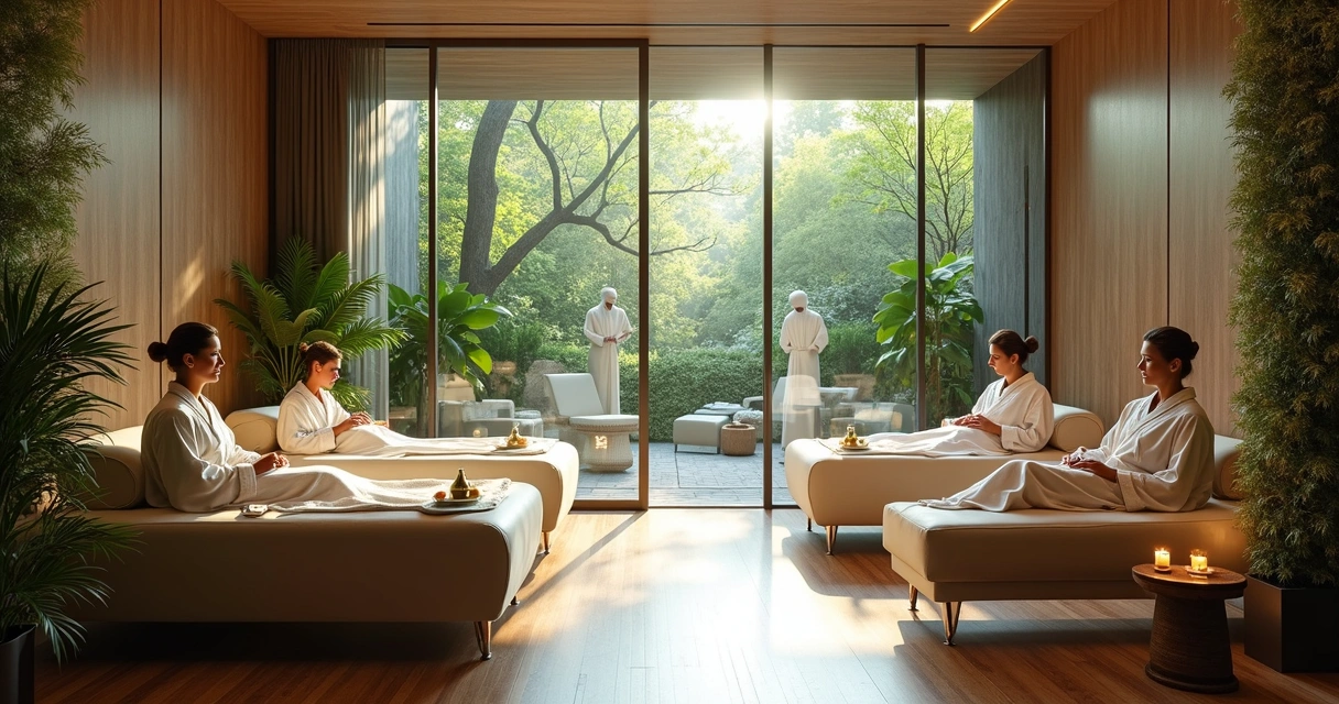 Sala de spa urbana de luxo com vista para o jardim, móveis sofisticados e iluminação suave. 