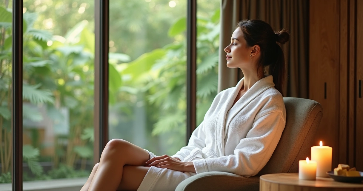 Mulher relaxando em ambiente natural spa 