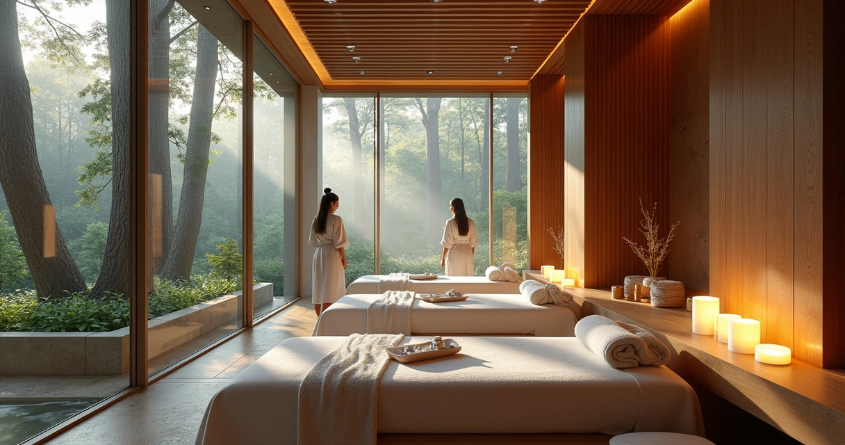 Ambiente de spa luxuoso com natureza e elementos relaxantes 