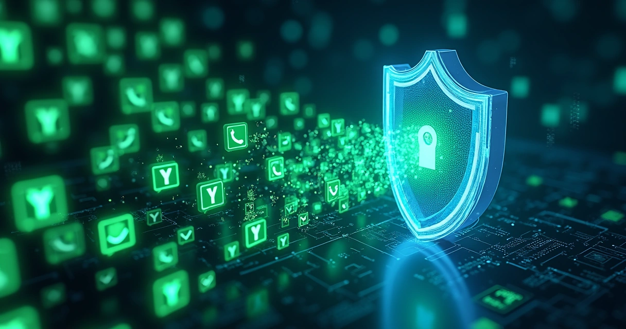Túnel de notificações verdes de WhatsApp sendo filtradas por escudo de segurança digital 