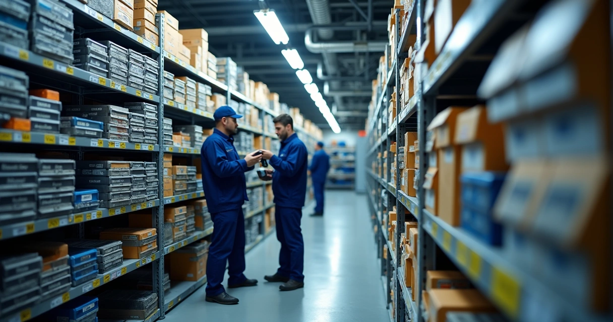 Organized spare parts shelves in a well-lit maintenance storeroom 