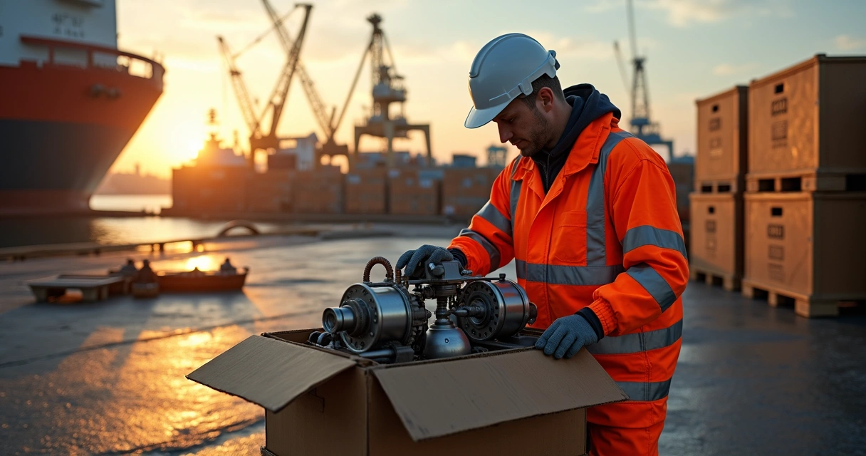 Maintenance technician inspects spare parts crate at shipyard 