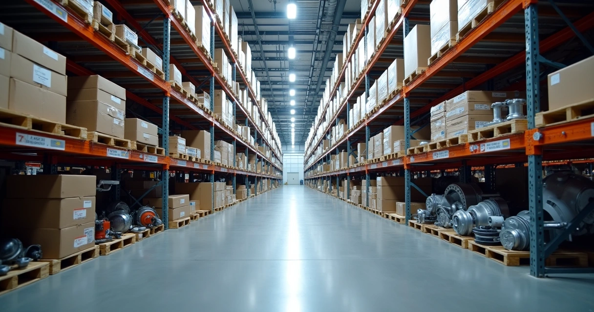 Organized shelving with spare parts and warehouse racks 