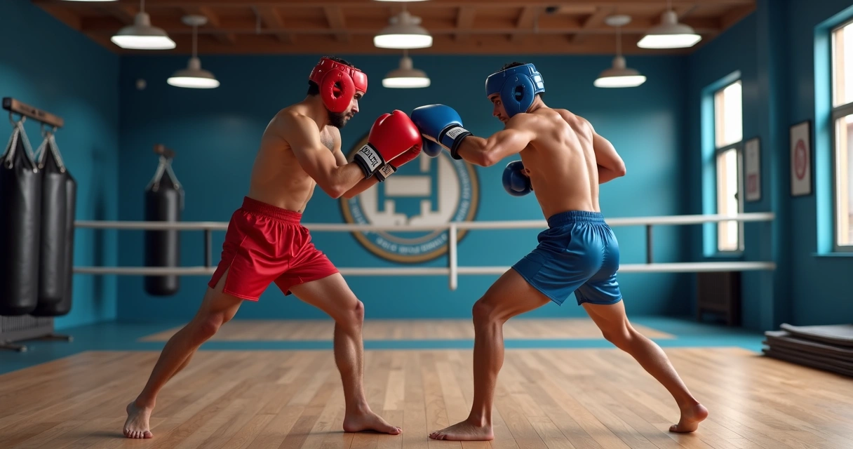 Dois homens praticando sparring no centro do tatame 