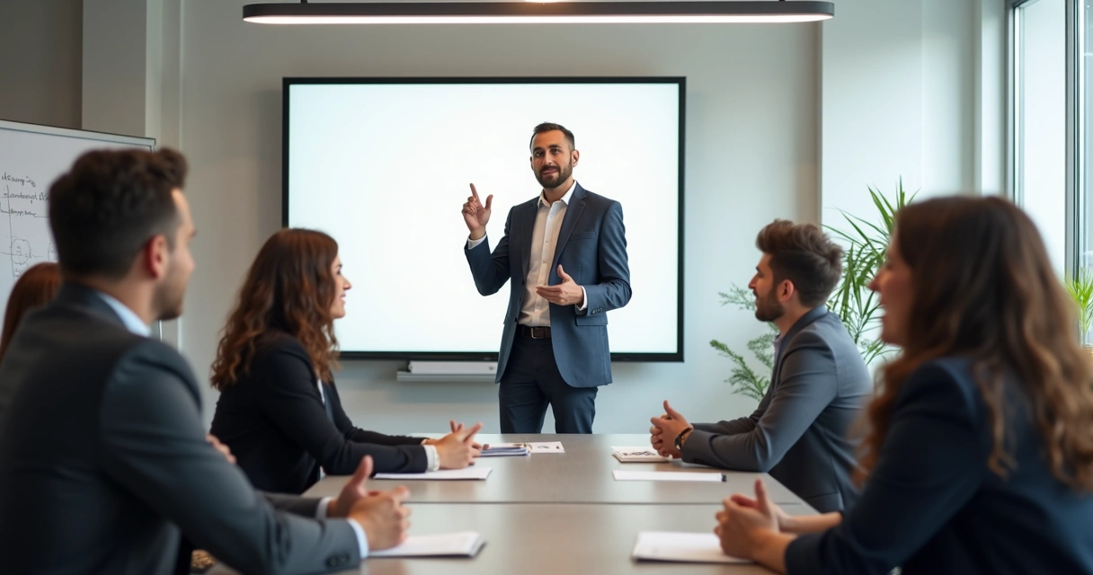 Person standing and speaking to a group while others listen. 