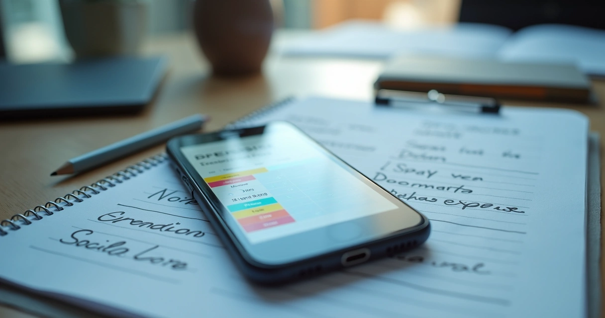 Phone expense chart next to handwritten notes on spending triggers