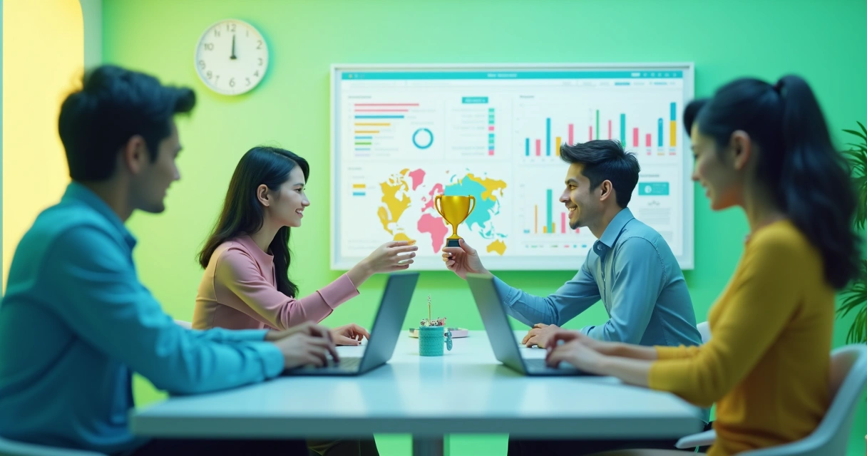 Representação de parceiros revendedores analisando gráficos e recebendo premiações extras 