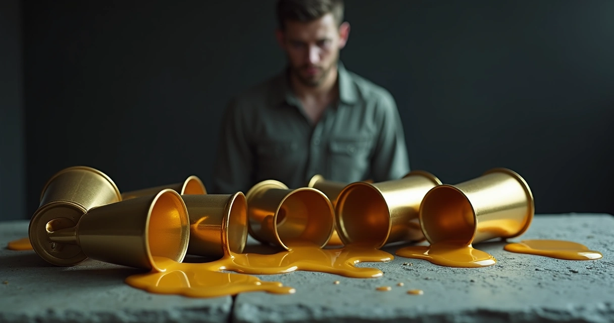 Nine golden cups tipped over with spilled contents and a disappointed figure 