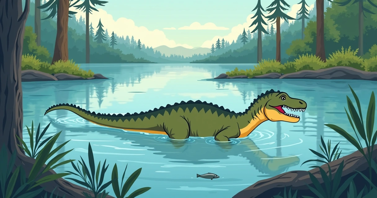 Spinosaurus nadando em água rasa de floresta alagada pré-histórica 