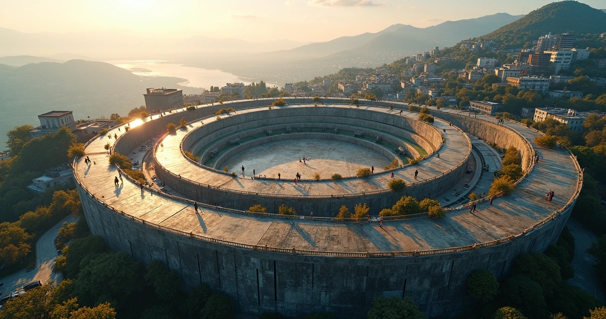 Aerial view of layered spiral city showing nonlinear human development 