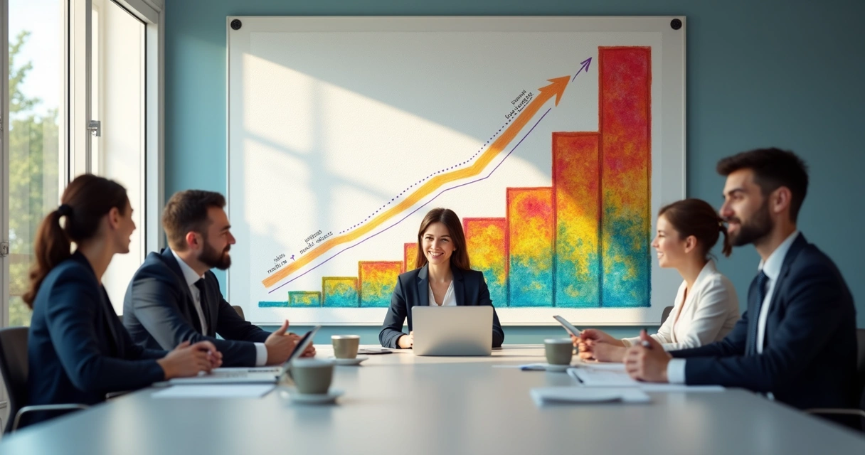 Business team in boardroom with spiral growth graph 