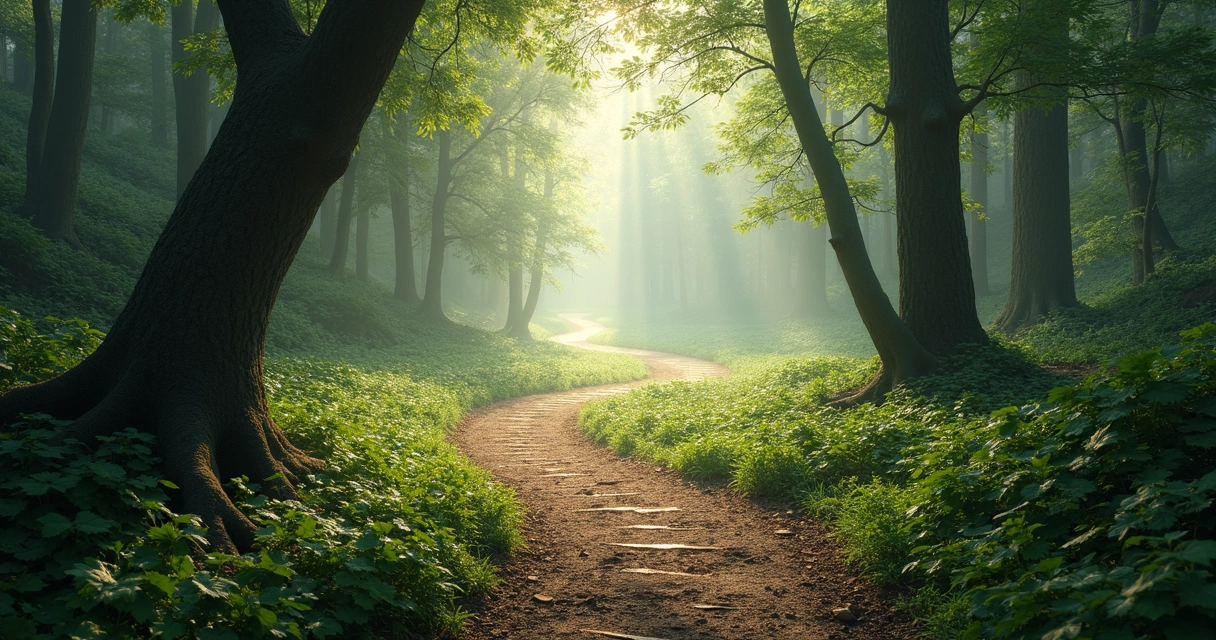 Spiral path in a forest with light ahead