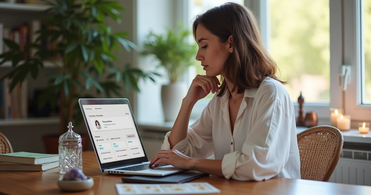 Spiritual advisor updating profile on laptop 