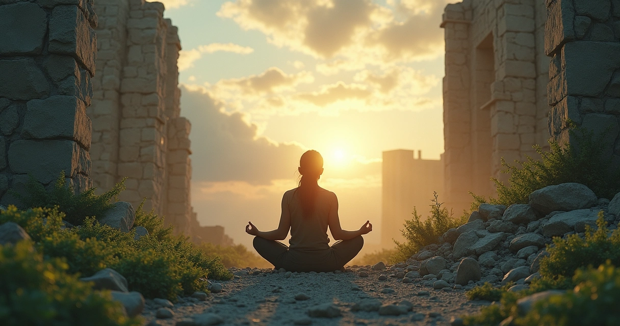 Spiritual person meditating amid chaos, glowing light in ruins 