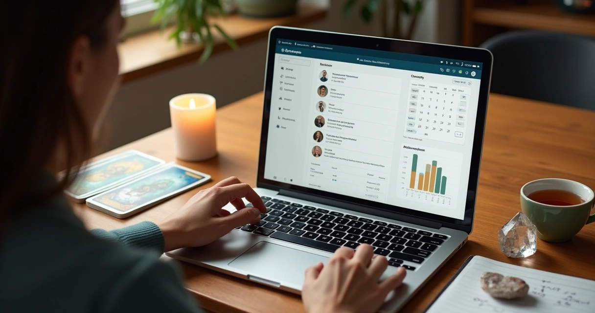 Spiritual professional reviewing client dashboard and tarot notes on a laptop 