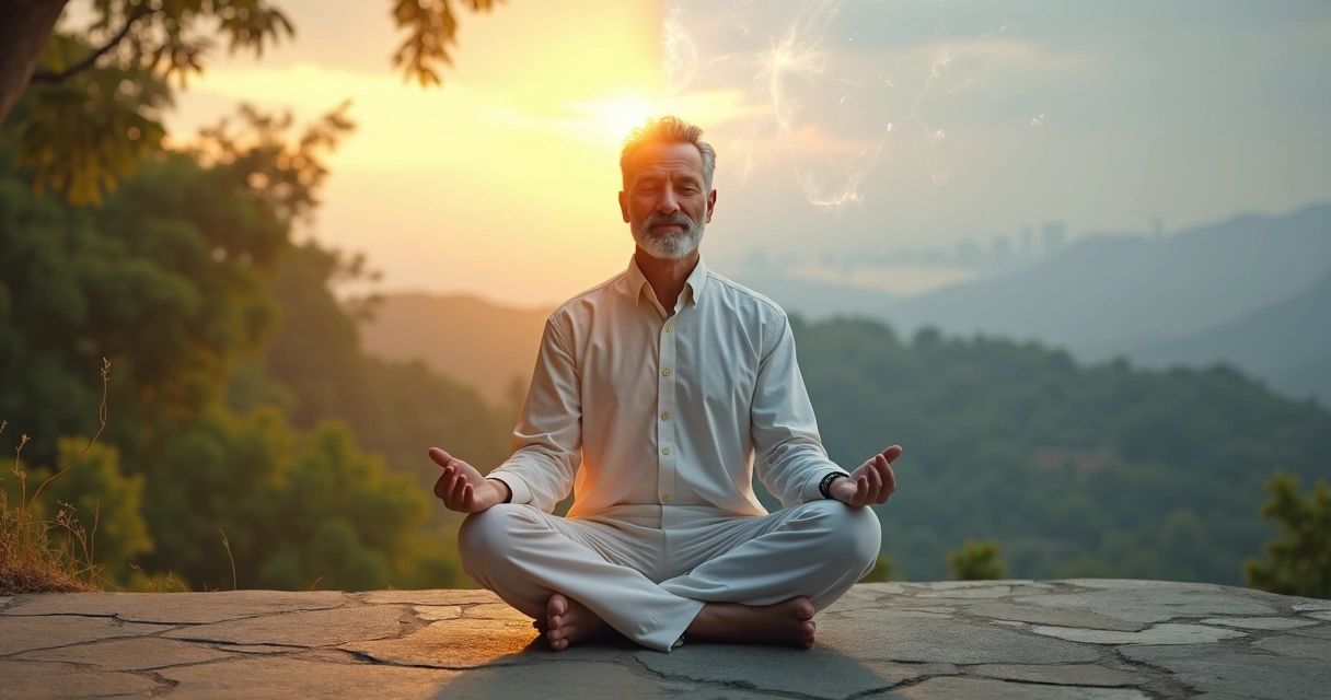 Person meditating split between serene nature and ignored inner turmoil 