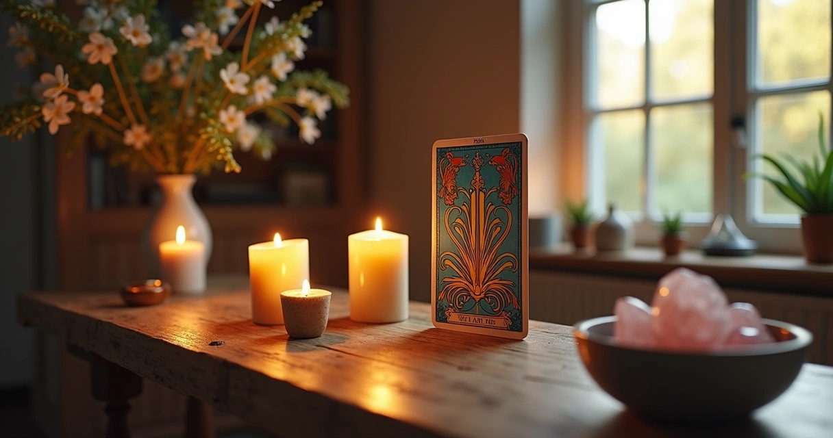 Spiritual altar with candles, a Four of Wands tarot card, and flowers.