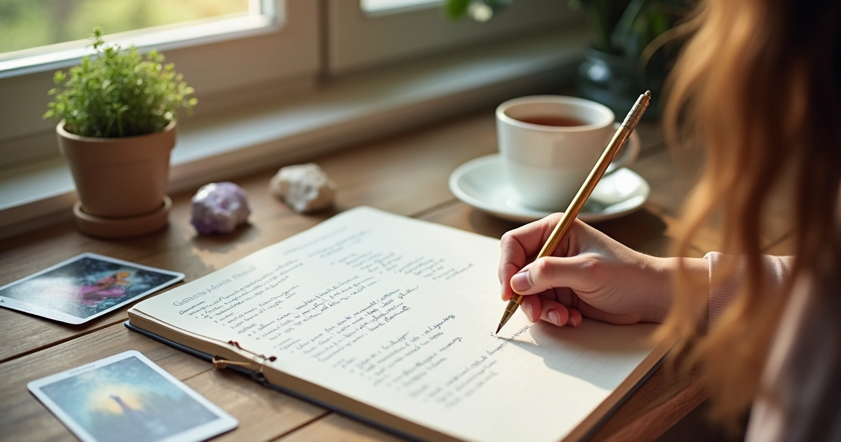 Person journaling with Tarot cards and crystals 