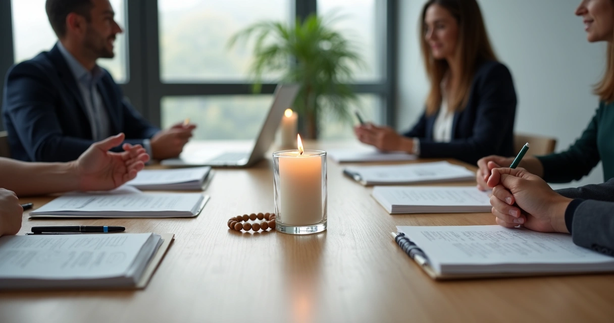 Negotiators at a table with shared candle between documents 
