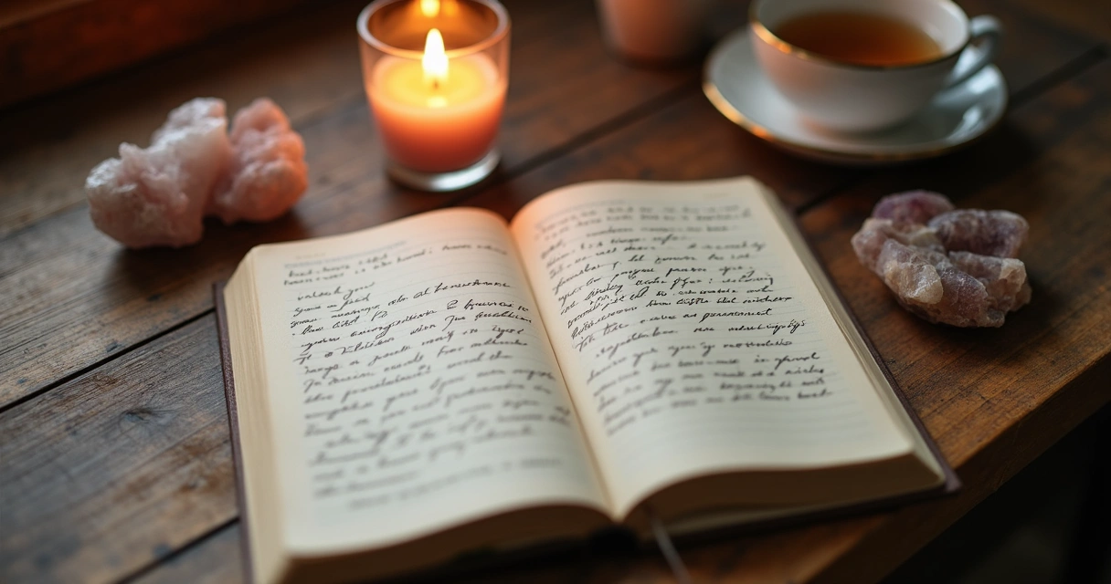 A journal open with handwritten reflections, glowing candle nearby 