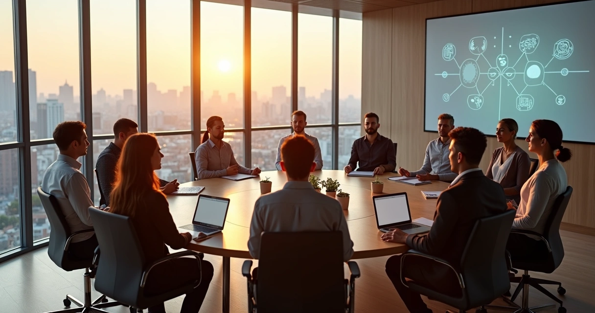 Diverse leaders meditating together in a modern office meeting room 