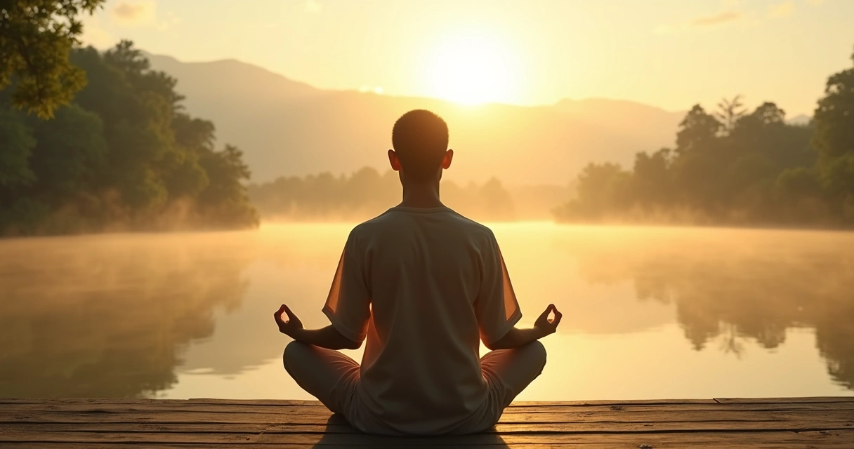 Person meditating peacefully outdoors at sunrise with soft light and natural surroundings 