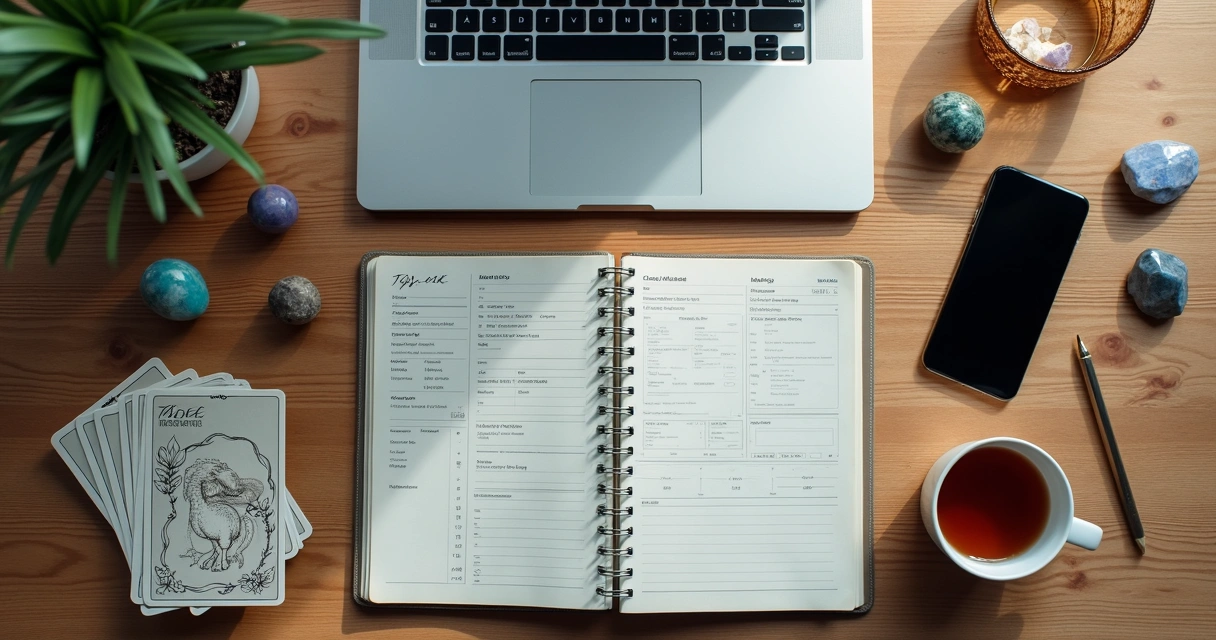 Spiritual business dashboard beside tarot tools on a desk 
