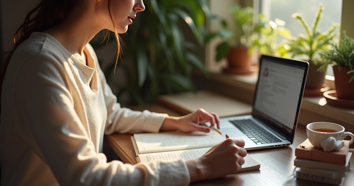Spiritual reader reviewing feedback notes on a laptop while holding a cup of tea. 