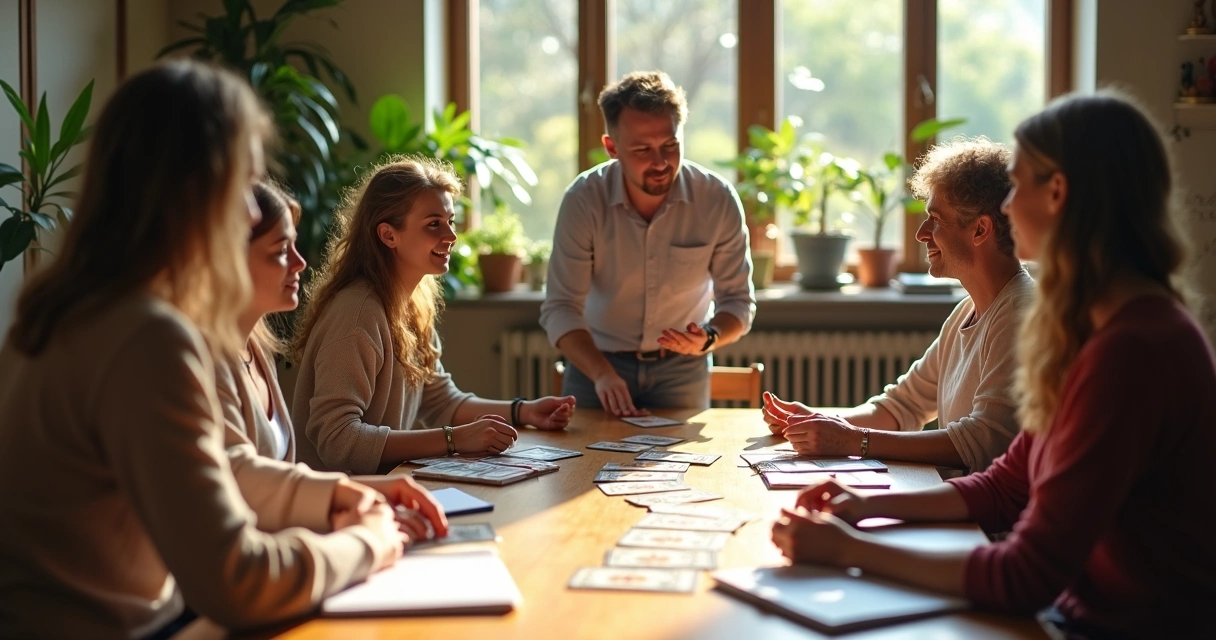 Small group spiritual workshop with teacher and tarot cards 