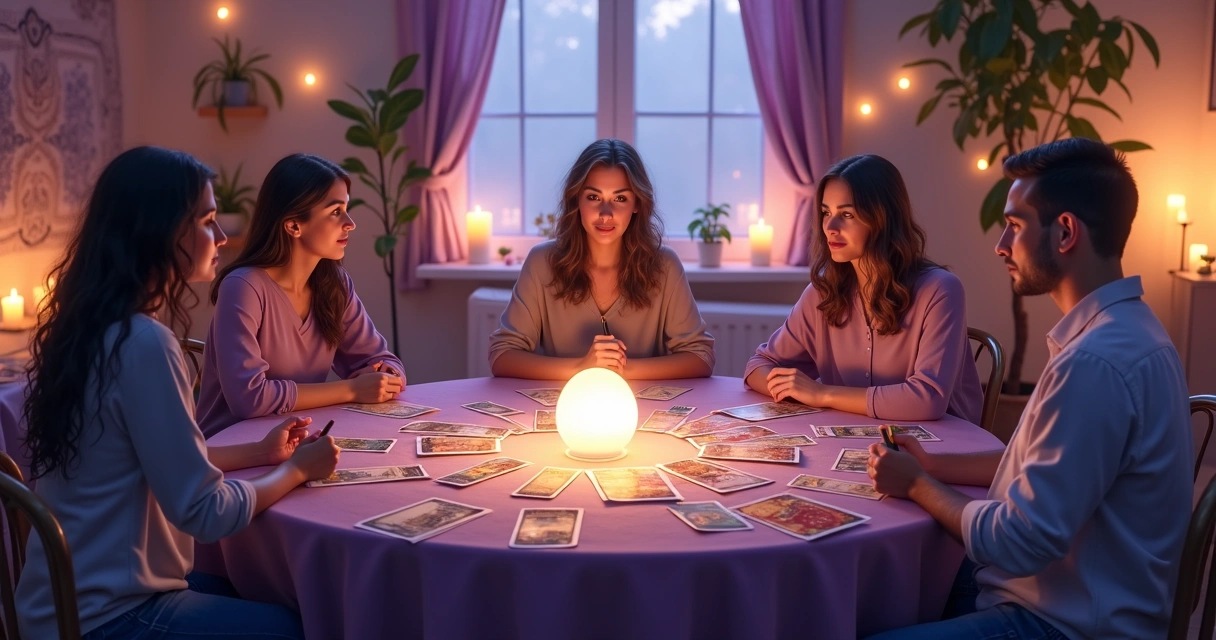 Tarot reader leading a group session with people seated around a table 