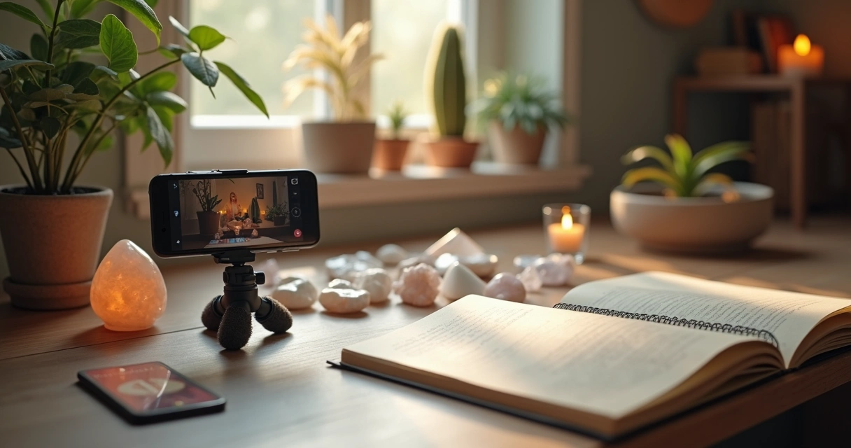 Recording Instagram Reels about Tarot and spiritual readings at a cozy home desk 
