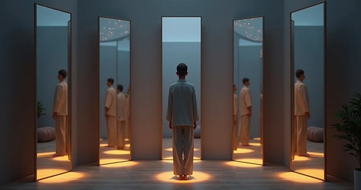 Person in mirrored room with symbolic reflections for spiritual self-reflection 