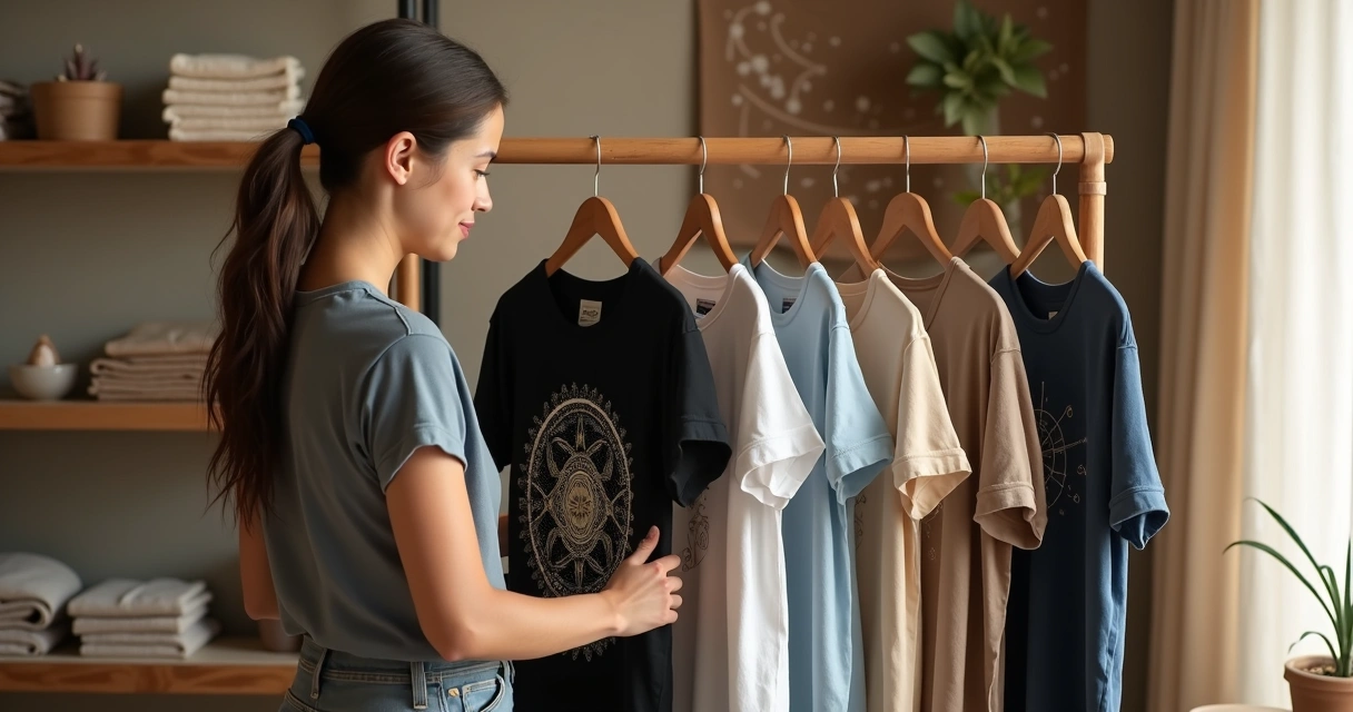 Person choosing spiritual symbol t-shirts on a rack in a cozy boutique 