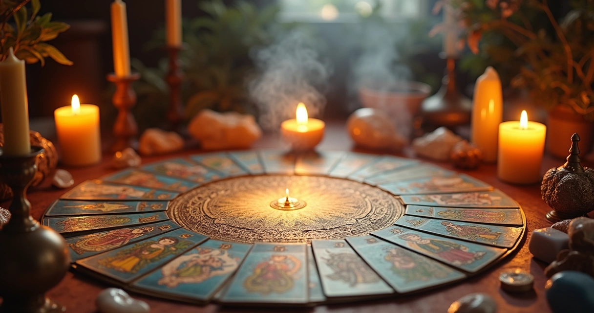 Tarot cards arranged on an altar, candles and crystals surrounding the spread 