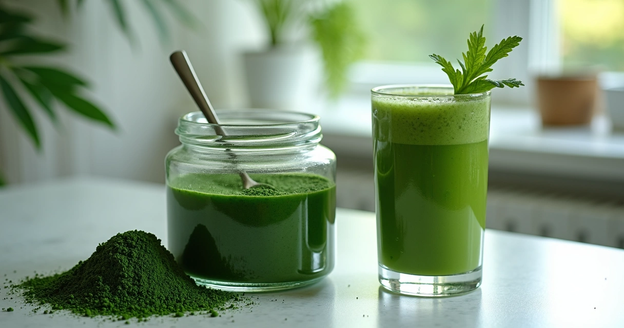 Pó de spirulina em pote sendo misturado a suco verde 