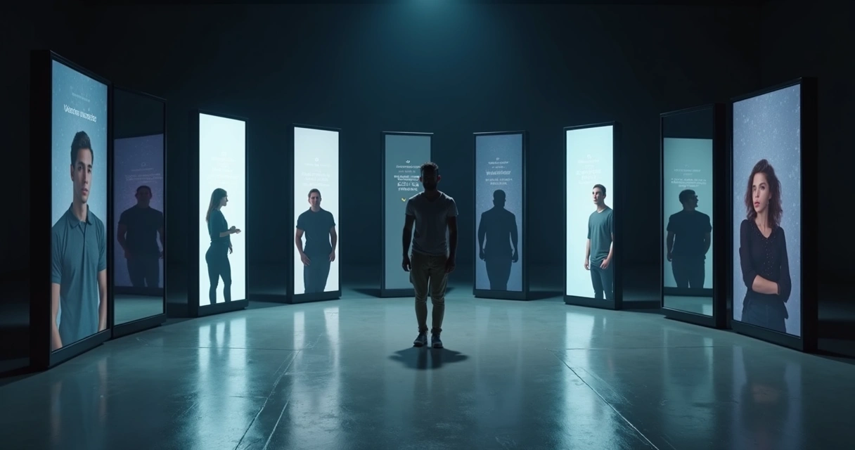 Person surrounded by mirrored screens showing fragmented digital selves 